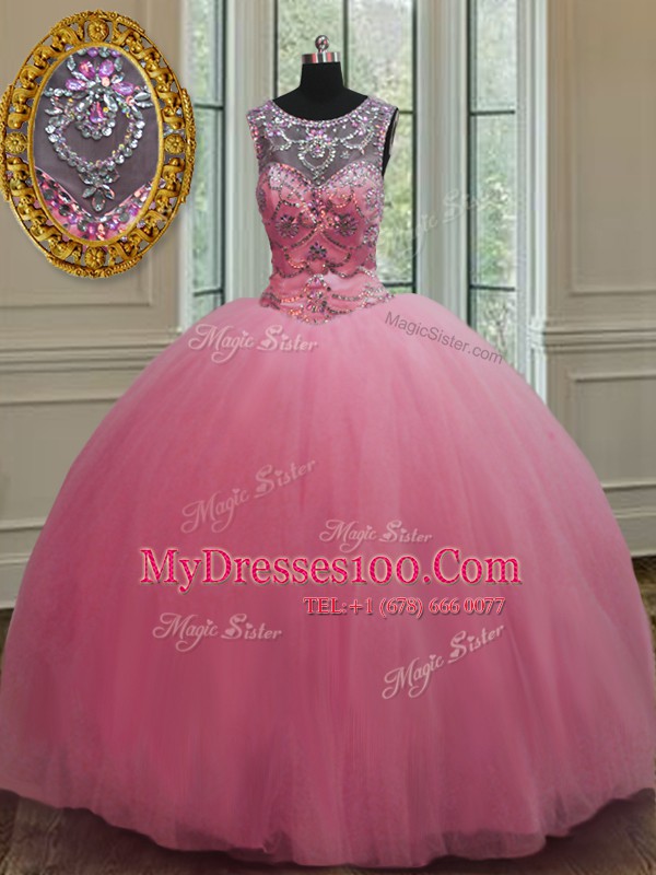 Fashion Scoop Rose Pink Sleeveless Tulle Lace Up Quinceanera Dress for Military Ball and Sweet 16 and Quinceanera