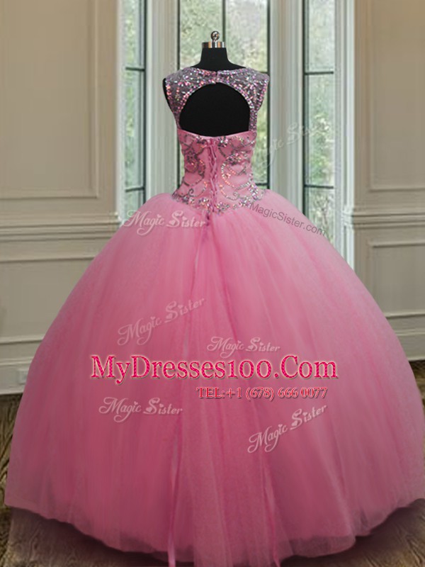 Fashion Scoop Rose Pink Sleeveless Tulle Lace Up Quinceanera Dress for Military Ball and Sweet 16 and Quinceanera