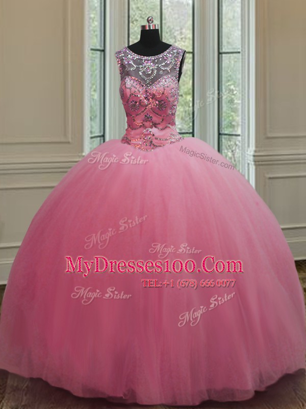Fashion Scoop Rose Pink Sleeveless Tulle Lace Up Quinceanera Dress for Military Ball and Sweet 16 and Quinceanera