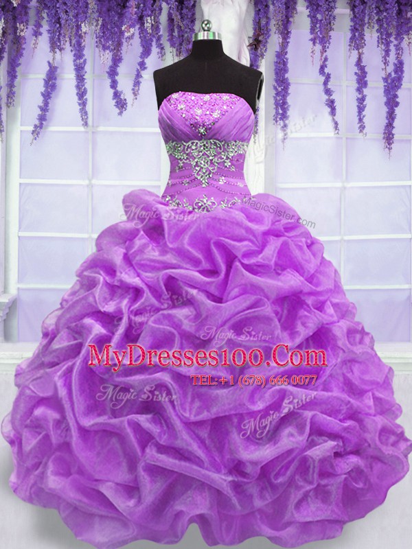Lilac Ball Gowns Beading Vestidos de Quinceanera Lace Up Organza Sleeveless Floor Length