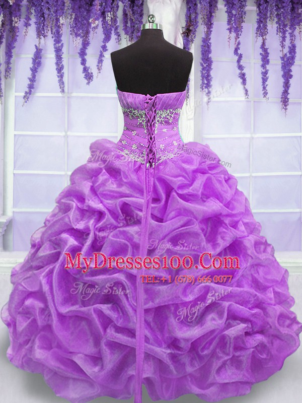 Lilac Ball Gowns Beading Vestidos de Quinceanera Lace Up Organza Sleeveless Floor Length