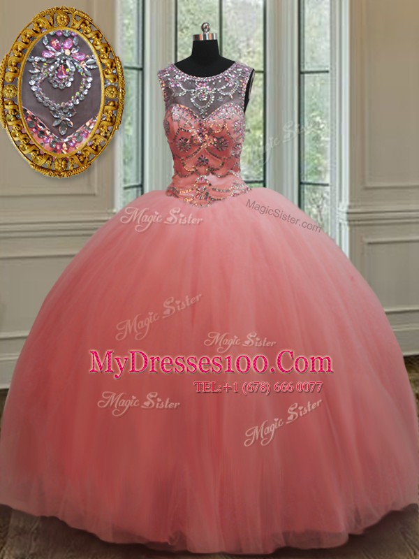 Clearance Ball Gowns Ball Gown Prom Dress Watermelon Red Scoop Tulle Sleeveless Floor Length Lace Up