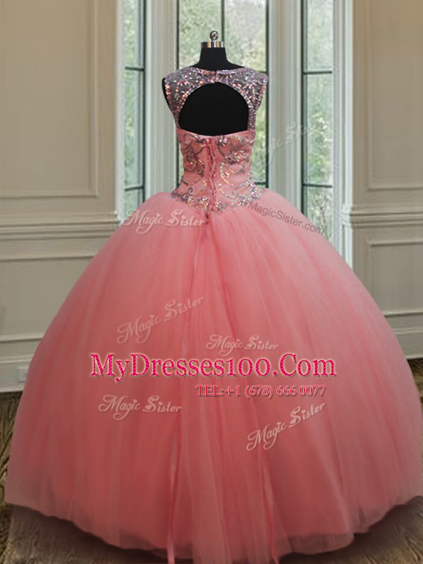 Clearance Ball Gowns Ball Gown Prom Dress Watermelon Red Scoop Tulle Sleeveless Floor Length Lace Up
