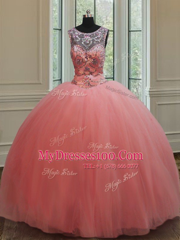 Clearance Ball Gowns Ball Gown Prom Dress Watermelon Red Scoop Tulle Sleeveless Floor Length Lace Up