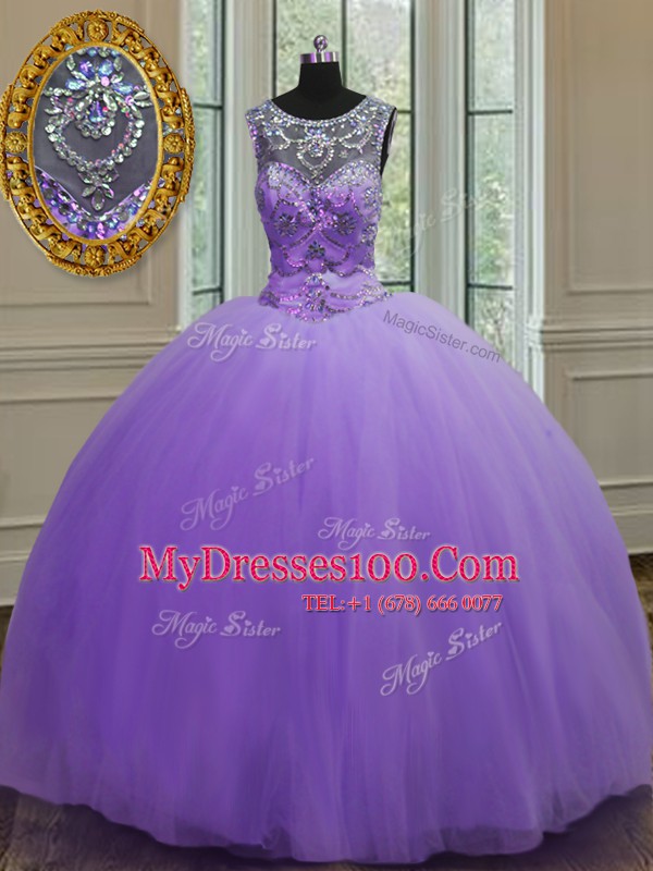 Elegant Scoop Lavender Sleeveless Floor Length Beading Lace Up Sweet 16 Dresses