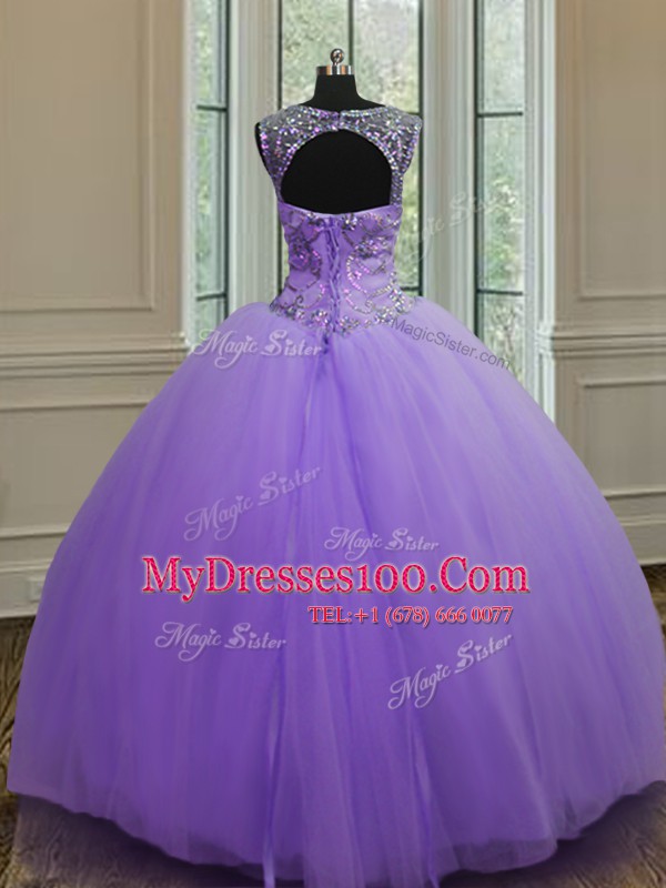Elegant Scoop Lavender Sleeveless Floor Length Beading Lace Up Sweet 16 Dresses