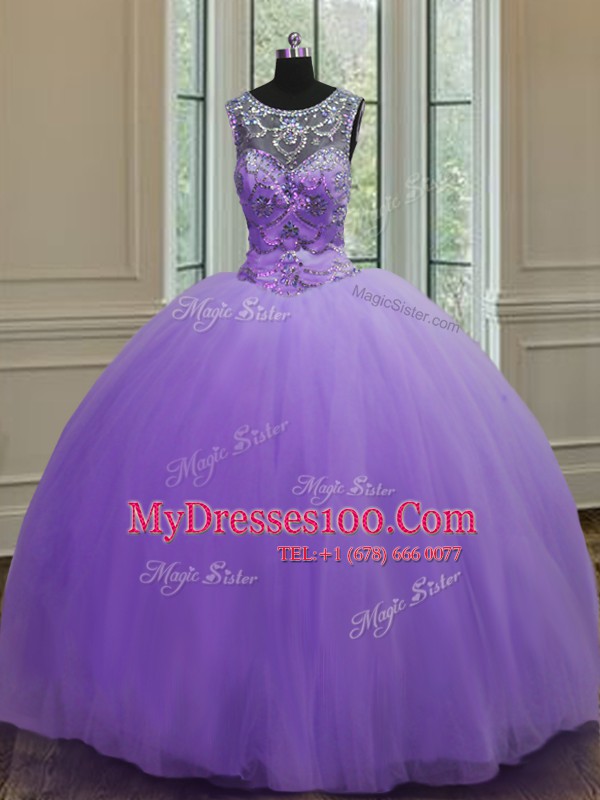 Elegant Scoop Lavender Sleeveless Floor Length Beading Lace Up Sweet 16 Dresses