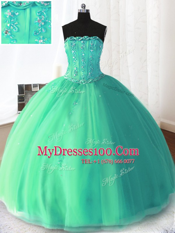 Fantastic Beading and Appliques Quinceanera Gown Turquoise Lace Up Sleeveless Floor Length