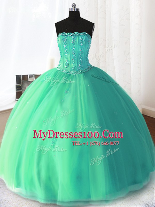 Fantastic Beading and Appliques Quinceanera Gown Turquoise Lace Up Sleeveless Floor Length