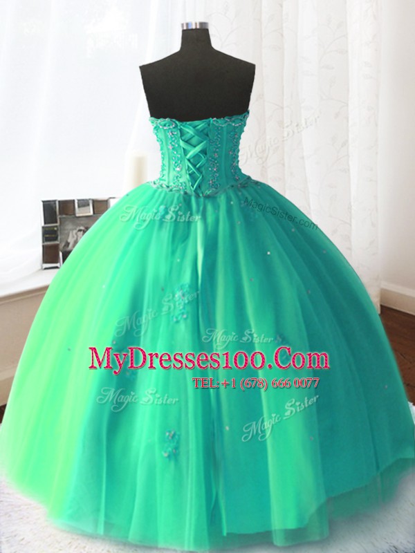Fantastic Beading and Appliques Quinceanera Gown Turquoise Lace Up Sleeveless Floor Length