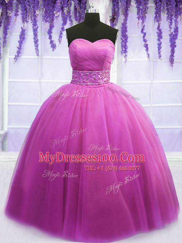 Shining Lilac Sleeveless Floor Length Beading and Belt Lace Up Quinceanera Gown