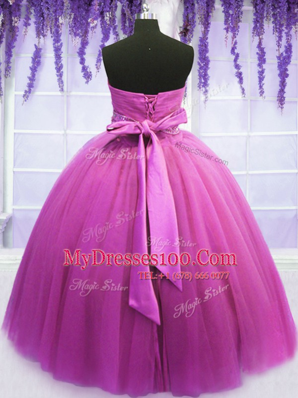 Shining Lilac Sleeveless Floor Length Beading and Belt Lace Up Quinceanera Gown