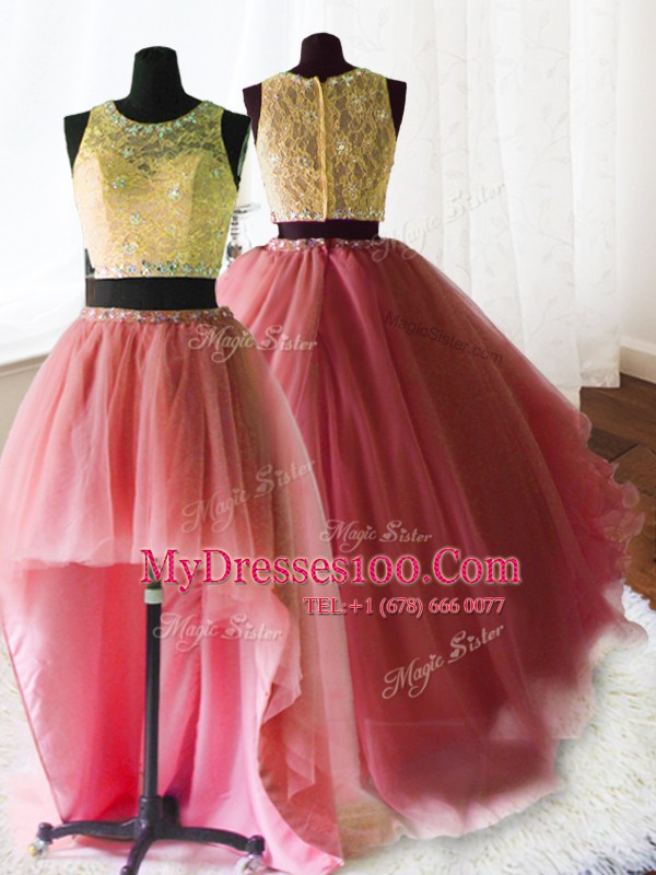 Three Piece Scoop Organza and Tulle and Lace Sleeveless With Train Quinceanera Dresses Brush Train and Beading and Lace and Ruffles
