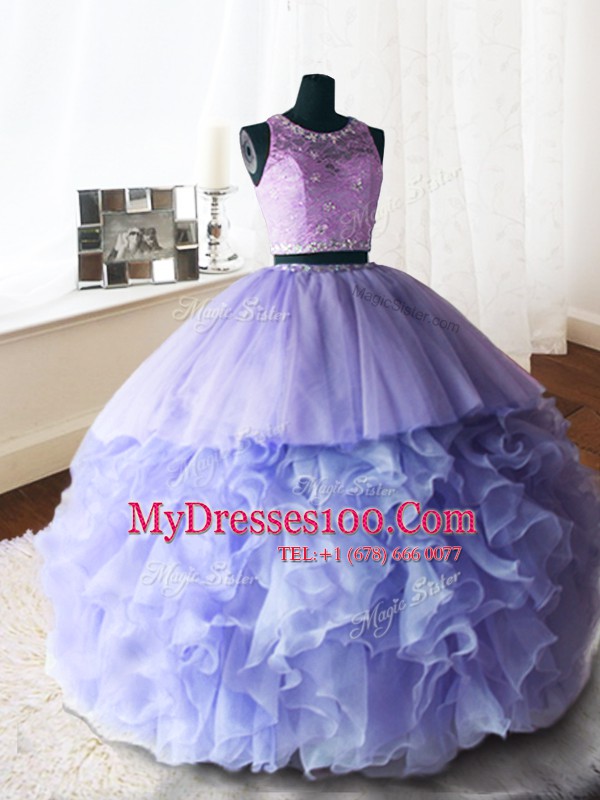 Stunning Scoop Lavender Sleeveless Organza and Tulle and Lace Brush Train Zipper Vestidos de Quinceanera for Military Ball and Sweet 16 and Quinceanera