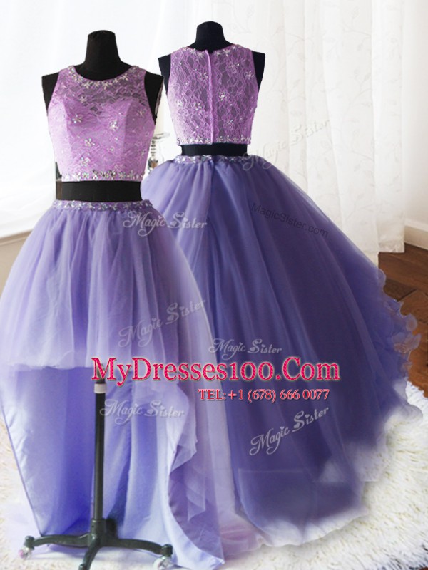 Custom Design Three Piece Scoop Sleeveless Organza and Tulle and Lace With Brush Train Zipper 15th Birthday Dress in Lavender with Beading and Lace and Ruffles