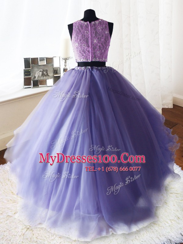 Custom Design Three Piece Scoop Sleeveless Organza and Tulle and Lace With Brush Train Zipper 15th Birthday Dress in Lavender with Beading and Lace and Ruffles