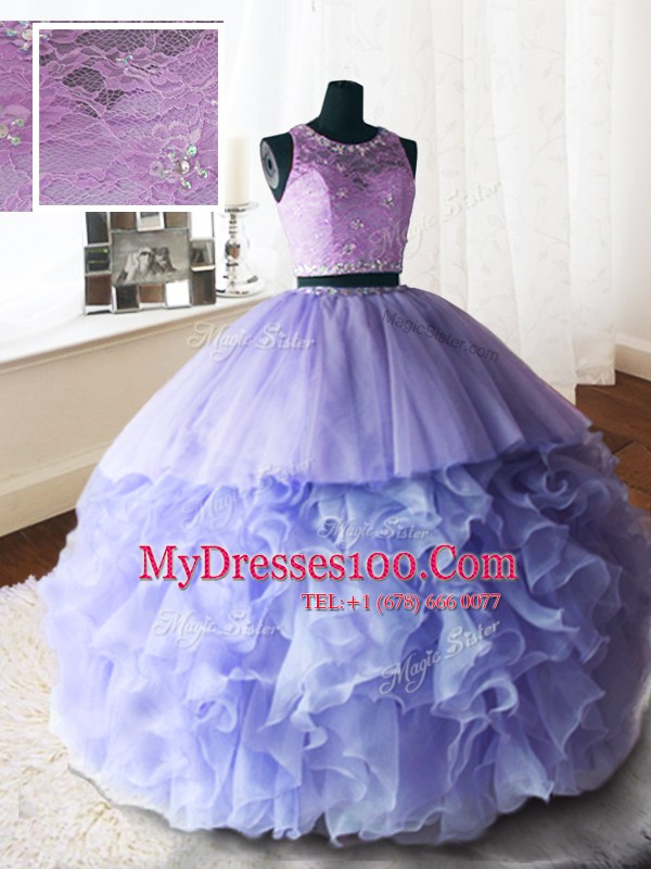 Custom Design Three Piece Scoop Sleeveless Organza and Tulle and Lace With Brush Train Zipper 15th Birthday Dress in Lavender with Beading and Lace and Ruffles