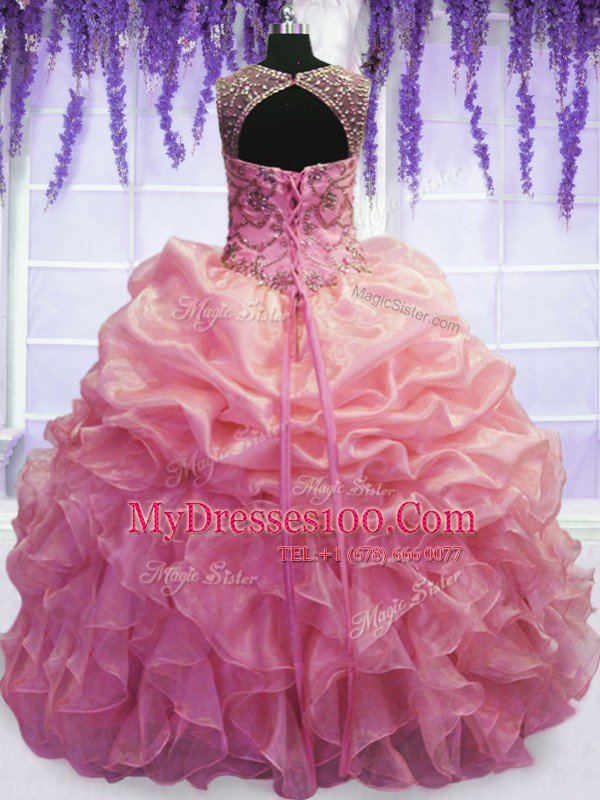 Suitable Baby Pink Scoop Lace Up Beading and Pick Ups Quinceanera Gown Sleeveless