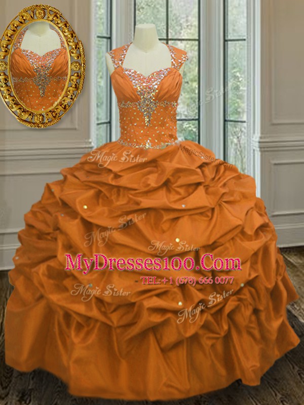 Straps Beading and Pick Ups Quinceanera Dresses Orange Lace Up Sleeveless Floor Length