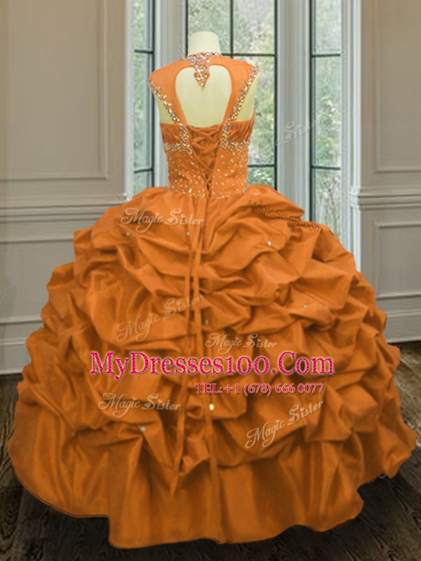 Straps Beading and Pick Ups Quinceanera Dresses Orange Lace Up Sleeveless Floor Length