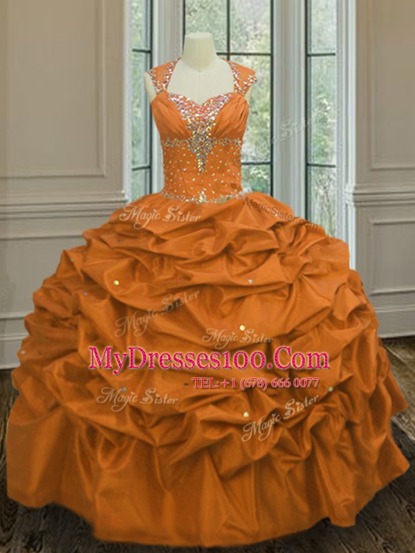 Straps Beading and Pick Ups Quinceanera Dresses Orange Lace Up Sleeveless Floor Length