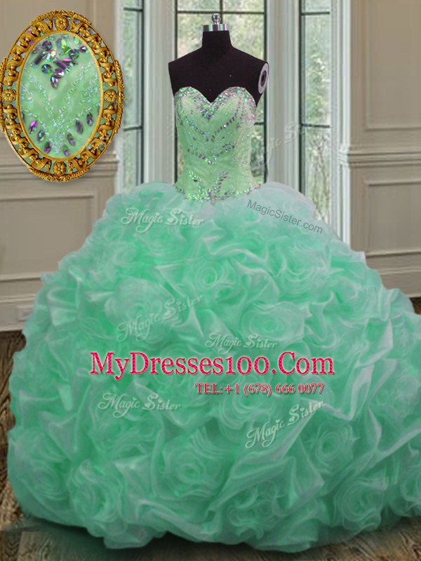 Best Selling Apple Green Lace Up Quince Ball Gowns Beading and Pick Ups Sleeveless Sweep Train