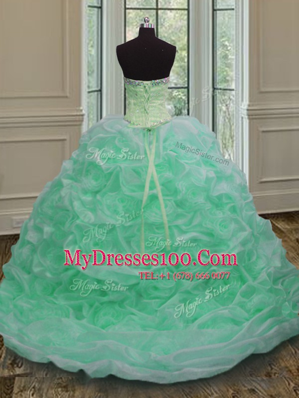 Best Selling Apple Green Lace Up Quince Ball Gowns Beading and Pick Ups Sleeveless Sweep Train