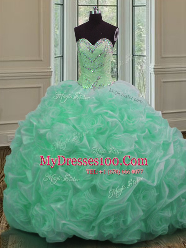 Best Selling Apple Green Lace Up Quince Ball Gowns Beading and Pick Ups Sleeveless Sweep Train