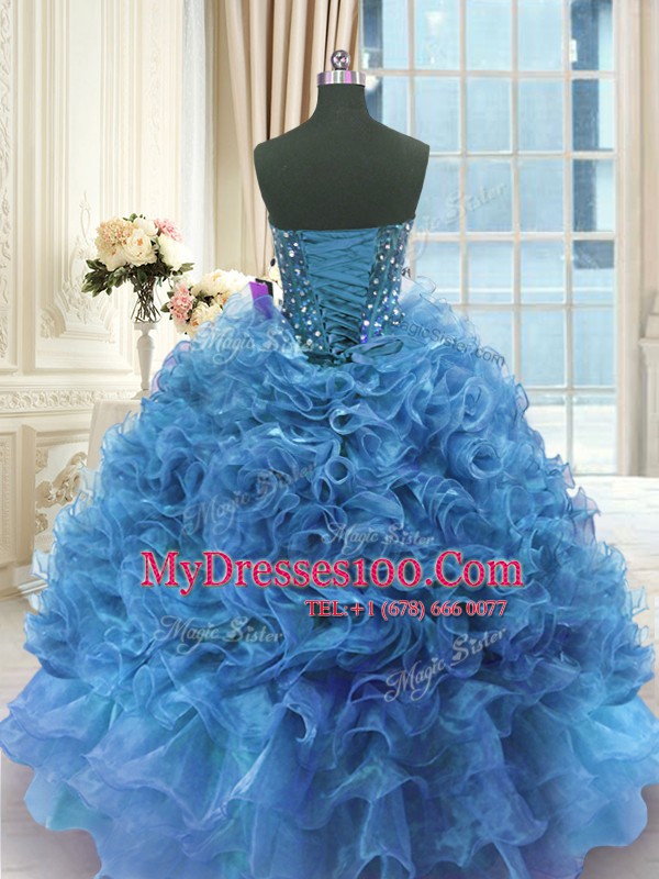 Traditional Blue Organza Lace Up Sweetheart Sleeveless Floor Length Quinceanera Dresses Beading and Ruffles