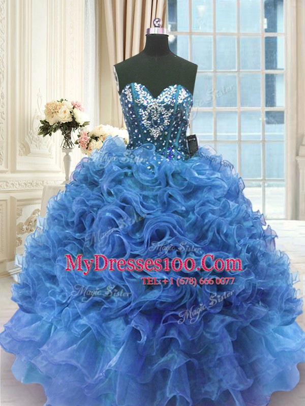 Traditional Blue Organza Lace Up Sweetheart Sleeveless Floor Length Quinceanera Dresses Beading and Ruffles