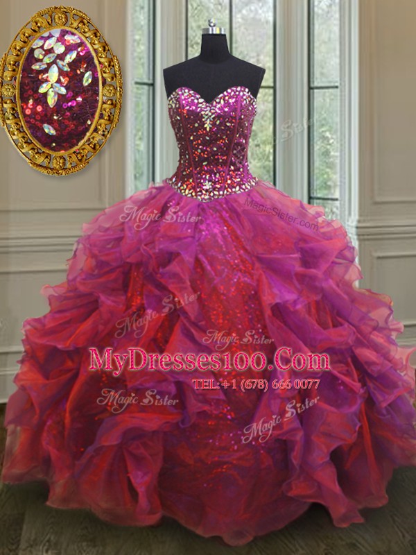 Sleeveless Organza and Sequined Floor Length Lace Up Sweet 16 Dresses in Multi-color with Beading and Ruffles