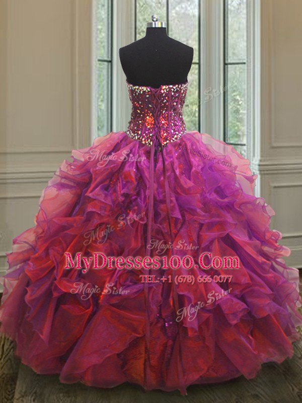 Sleeveless Organza and Sequined Floor Length Lace Up Sweet 16 Dresses in Multi-color with Beading and Ruffles