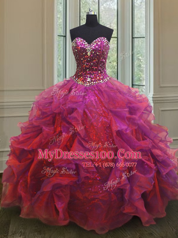 Sleeveless Organza and Sequined Floor Length Lace Up Sweet 16 Dresses in Multi-color with Beading and Ruffles