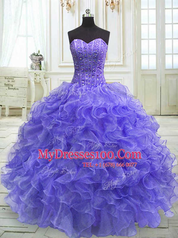 Custom Design Sleeveless Floor Length Beading and Ruffles Lace Up Sweet 16 Dress with Purple