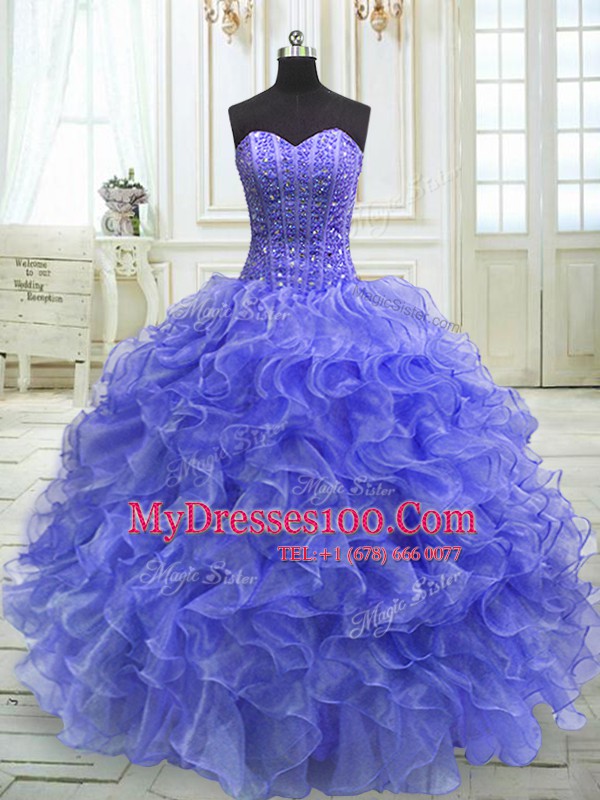 Custom Design Sleeveless Floor Length Beading and Ruffles Lace Up Sweet 16 Dress with Purple