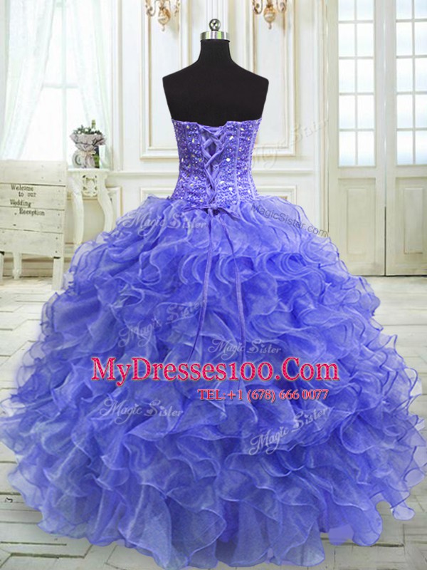 Custom Design Sleeveless Floor Length Beading and Ruffles Lace Up Sweet 16 Dress with Purple