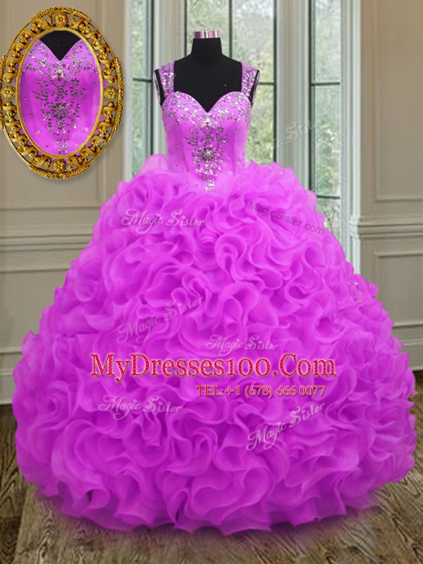 Lovely Organza Straps Sleeveless Lace Up Beading and Ruffles Sweet 16 Dresses in Fuchsia