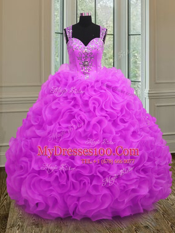 Lovely Organza Straps Sleeveless Lace Up Beading and Ruffles Sweet 16 Dresses in Fuchsia