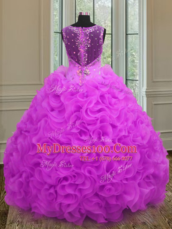 Lovely Organza Straps Sleeveless Lace Up Beading and Ruffles Sweet 16 Dresses in Fuchsia
