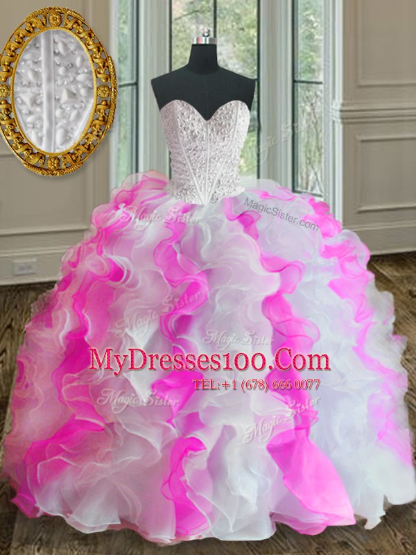 Pink And White Organza Lace Up Ball Gown Prom Dress Sleeveless Floor Length Beading and Ruffles