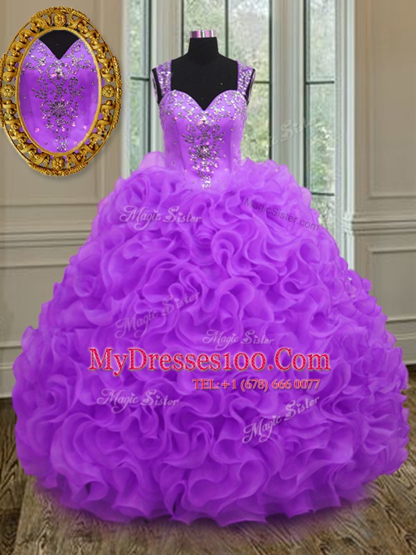 Discount Purple Organza Zipper Straps Sleeveless Floor Length Quinceanera Dresses Beading and Ruffles