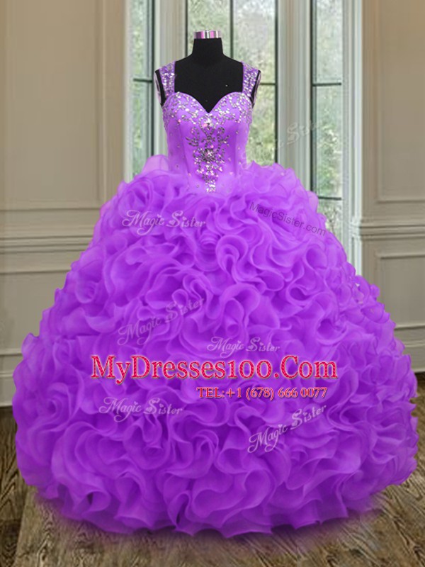 Discount Purple Organza Zipper Straps Sleeveless Floor Length Quinceanera Dresses Beading and Ruffles