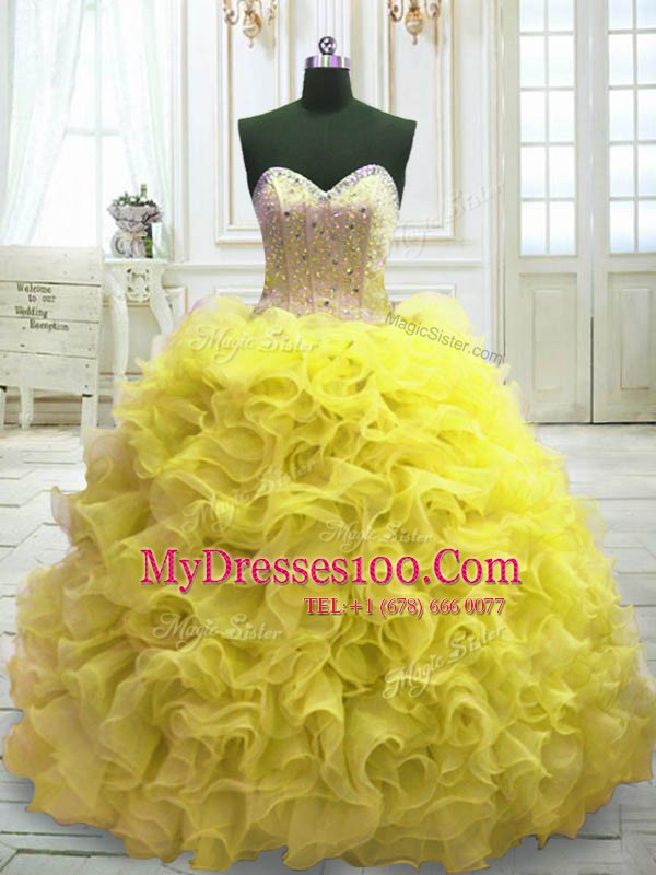 Popular Yellow Sleeveless Sweep Train Beading and Ruffles Quinceanera Dresses
