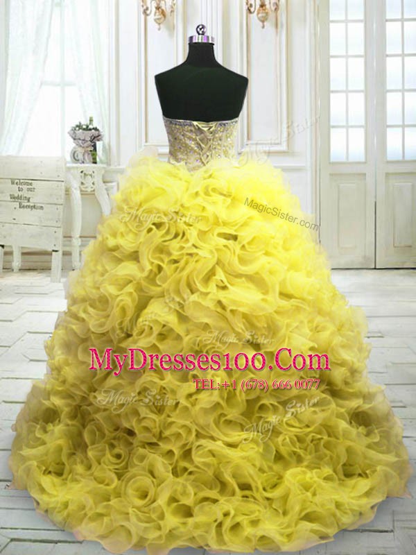 Popular Yellow Sleeveless Sweep Train Beading and Ruffles Quinceanera Dresses