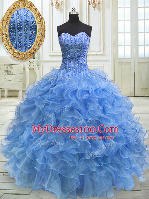 Sweetheart Sleeveless Quince Ball Gowns Floor Length Beading and Ruffles Baby Blue Organza