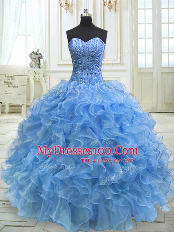Sweetheart Sleeveless Quince Ball Gowns Floor Length Beading and Ruffles Baby Blue Organza