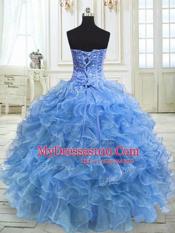 Sweetheart Sleeveless Quince Ball Gowns Floor Length Beading and Ruffles Baby Blue Organza