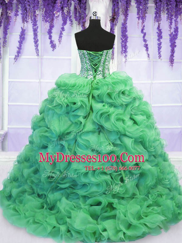 With Train Ball Gowns Sleeveless Turquoise 15 Quinceanera Dress Brush Train Lace Up