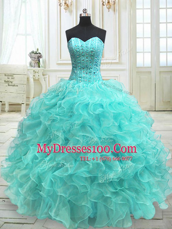 Captivating Aqua Blue Ball Gowns Organza Sweetheart Sleeveless Beading and Ruffles Floor Length Lace Up Quinceanera Dress