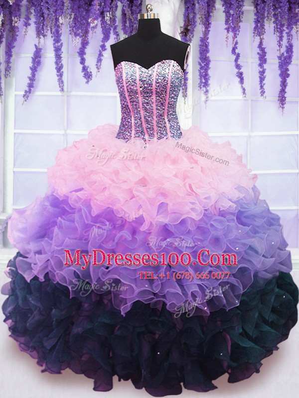 High End Sleeveless Lace Up Floor Length Beading and Ruffles and Ruffled Layers Vestidos de Quinceanera